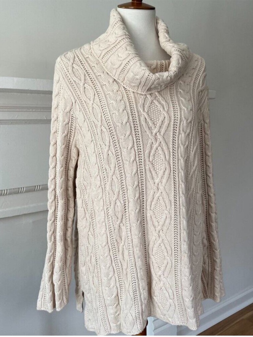 Vintage Womens Sweater 1X Fisherman Oversized XL Cream Tunic Cotton Cable Cowl